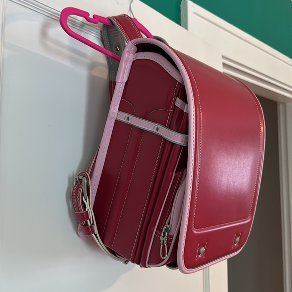 Red Japanese School Bag with pink trim and reflective stripes. - Picture 2 of 13